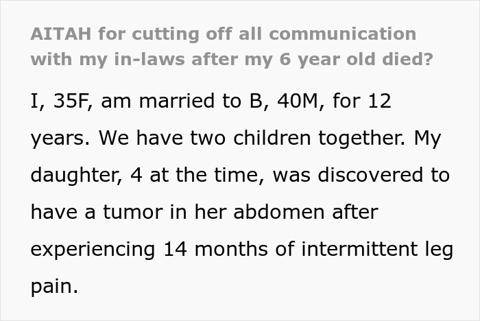 Text excerpt discussing a woman cutting contact with in-laws after their failure to visit their dying granddaughter.