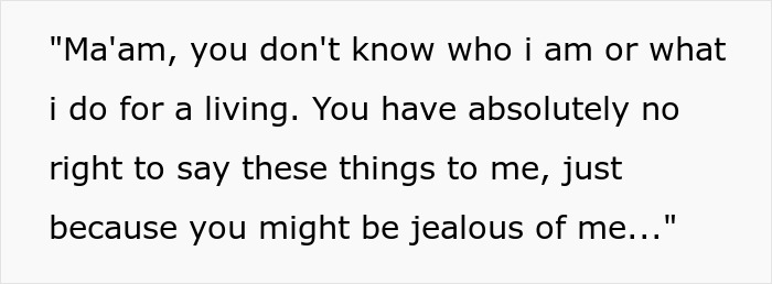 Text excerpt showing an entitled mother insisting on paying for an upgrade and asserting her status.