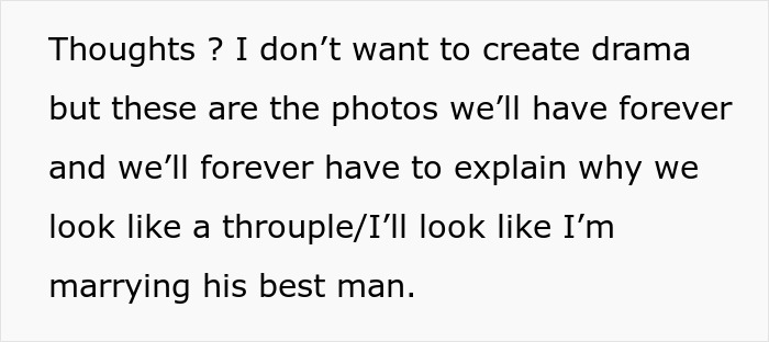 Bride expressing concern over best man's outfit in stereotypical American wedding photo debate.