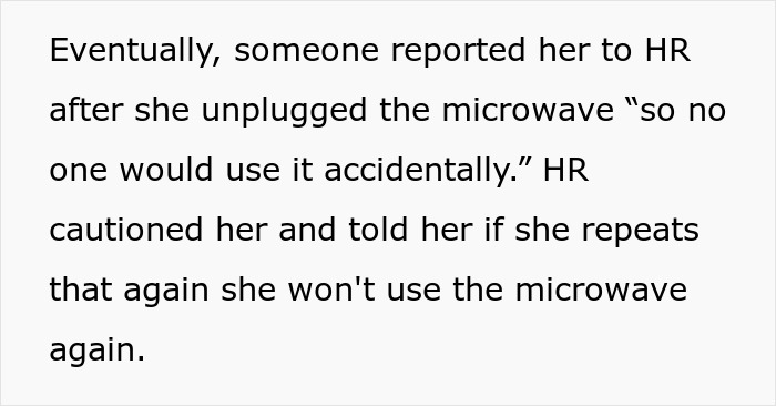 Text discussing a coworker who reserved the microwave due to dietary needs and HR involvement after unplugging it.