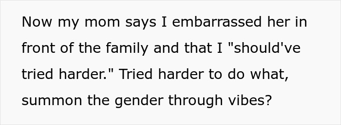 Text about family tension and embarrassment at a gender reveal party with a gray cake and pregnant sister involved.