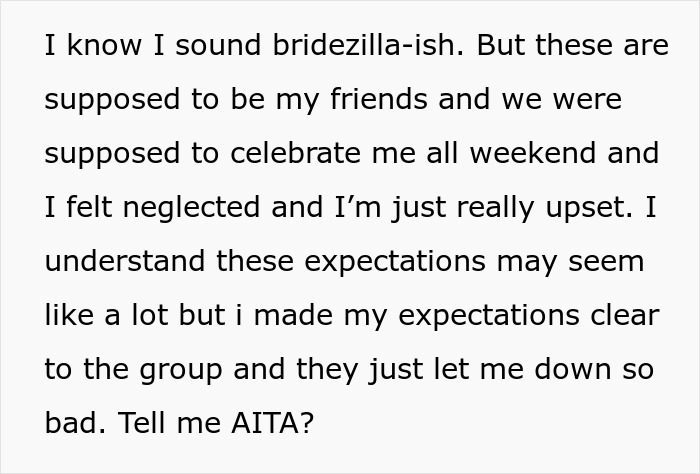 Text expressing a bride&rsquo;s frustration as her friends rebel against her strict bachelorette party rules, causing loneliness.