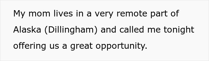 Text on screen showing a message about a woman considering a move to a very remote part of Alaska alone.