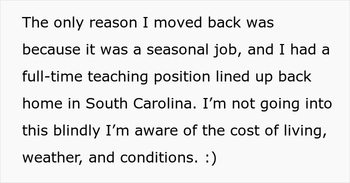 Text about a woman moving Alaska alone, mentioning seasonal jobs, teaching position, and awareness of living costs and weather.