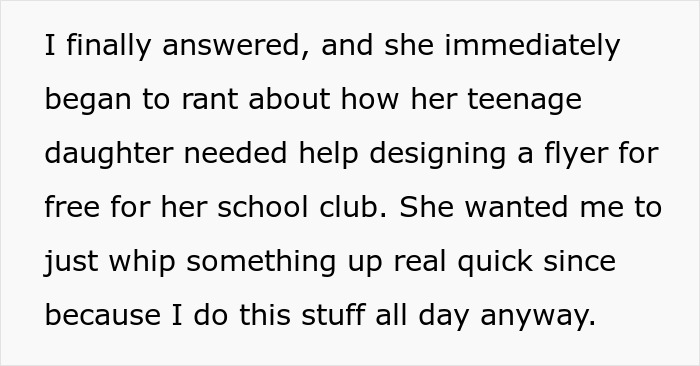 Text excerpt showing a freelancer explaining how a church member demanded free flyer design work because they work from home.