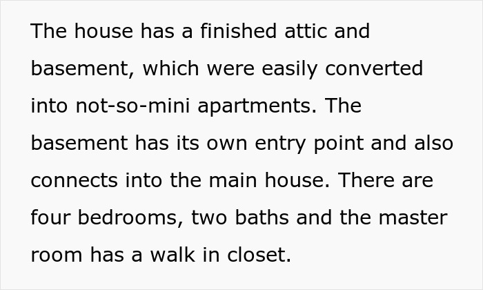 Interior of a house with finished attic and basement converted into apartments, showcasing bedrooms and spacious living areas.