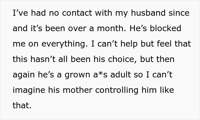 Text excerpt about a husband blocking contact amid MIL accusing pregnant DIL of manipulating baby&rsquo;s gender, leading to divorce.