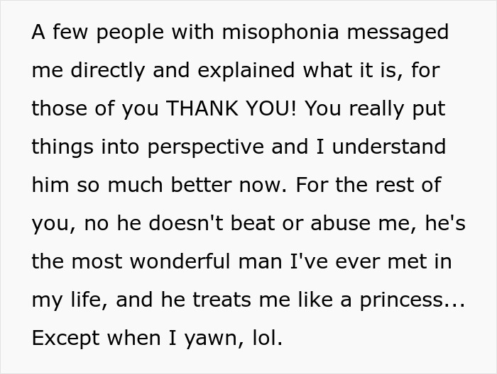 Text about misophonia and a man disliking yawning, causing tension with his sleeping fianc&eacute;e who storms out.