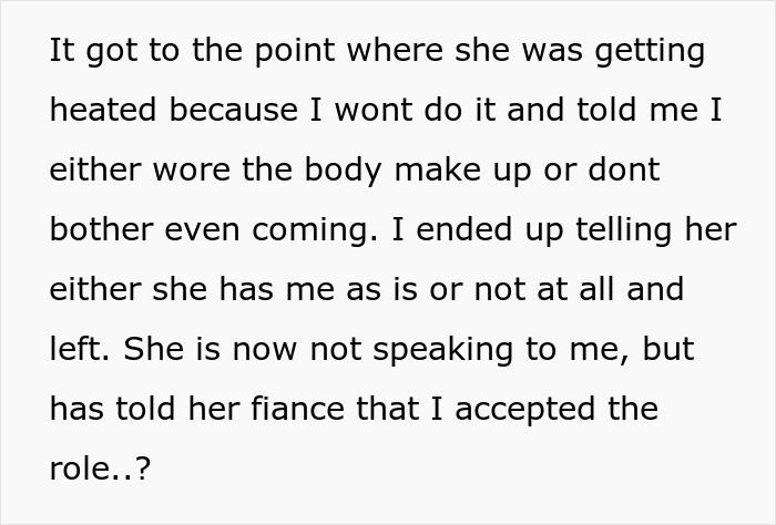 Text showing conflict over wearing body makeup for a MOH with psoriasis at bestie&rsquo;s wedding, leading to a ban.