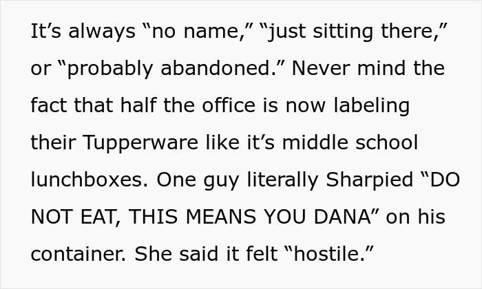 Office workers adding Do Not Eat labels to lunch containers to protect their food from lunch thieves in the workplace.