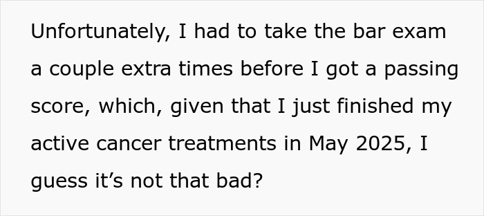 Text excerpt discussing retaking the bar exam and completing cancer treatments, reflecting on a boyfriend-attorney swearing moment.