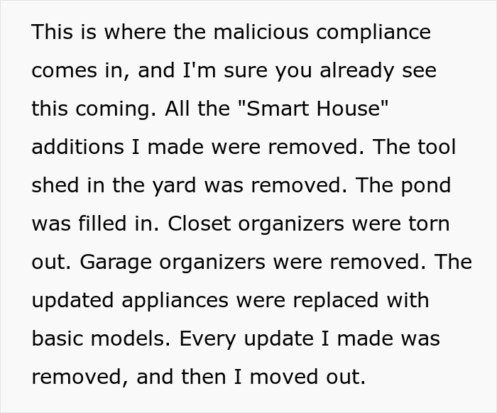 Alt text: Man maliciously complying with court&rsquo;s decision by removing upgrades and exposing landlord issues before moving out