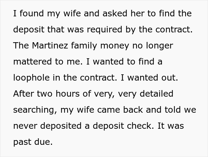 Text excerpt from a story where an entitled lawyer disputes contract details while harassing a hotelier for wedding discounts. Text excerpt from a story where an entitled lawyer disputes contract details while harassing a hotelier for wedding discounts.
