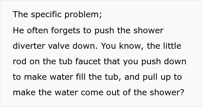 Text explaining the husband&rsquo;s bad memory about the shower diverter valve linked to wife threatening cold showers.