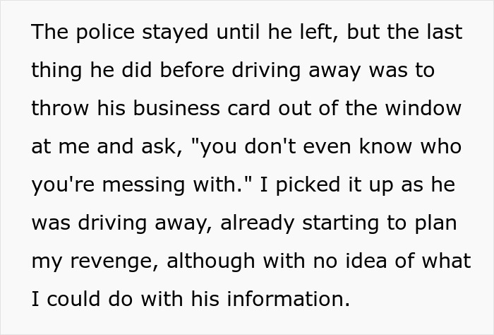 Text excerpt showing a police encounter and revenge plan in a story of a guy blocking garage and job applications.
