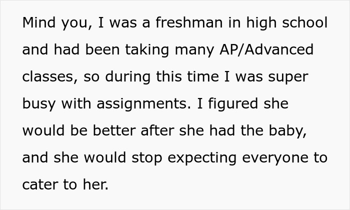 Text excerpt from a woman explaining her busy high school life and sibling expecting babysitting during summer.