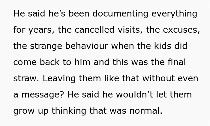 Text excerpt about documented cancelled visits and poor parenting behavior, highlighting potential custody issues.