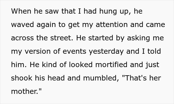 Text excerpt showing a neighbor refusing to move her car from a public spot, causing a 21-year-old to throw a hissy fit. Text excerpt showing a neighbor refusing to move her car from a public spot, causing a 21-year-old to throw a hissy fit.