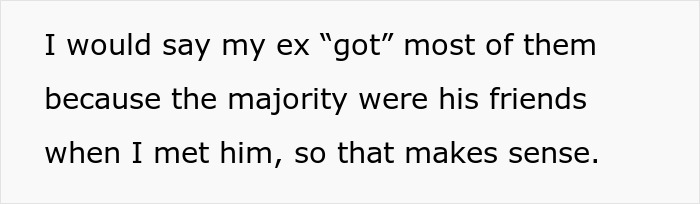 Text excerpt discussing how most friends belonged to the ex, related to guy ghosting friend and job referral.