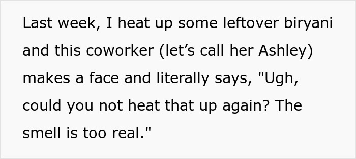 Text excerpt showing a coworker complaining that a woman&rsquo;s heated lunch smells too real, demanding protein bars instead.