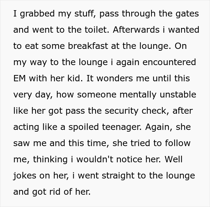 Text excerpt describing an entitled mother insisting on paying for an upgrade and causing a scene at the lounge.
