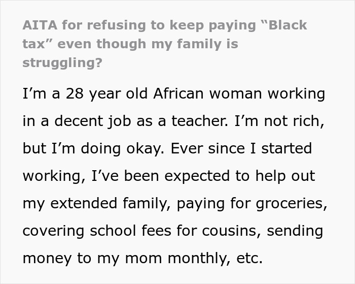 Text excerpt from an online post by a teacher explaining her struggle paying family bills and facing criticism.