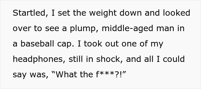 Text excerpt showing a woman startled by a gym guy attempting a fist bump despite her saying she&rsquo;s not there to make friends.