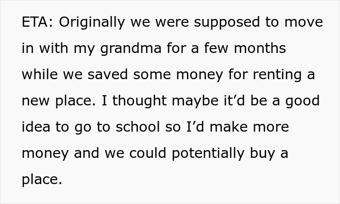 Text excerpt about woman saving money and considering going to school to buy a house after partner wants to buy only for himself.
