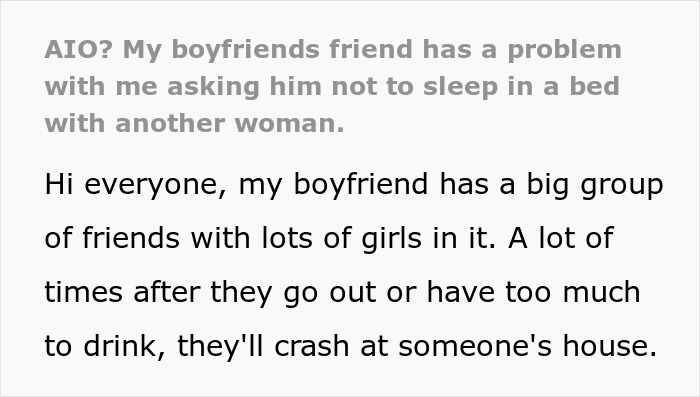 Text discussing a woman upset that her friend&rsquo;s girlfriend won&rsquo;t let them sleep in the same bed, causing tension.