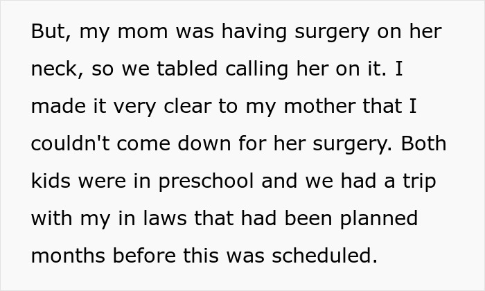 Text excerpt about a woman explaining her mom’s surgery while managing preschool kids and family trip amid a CPS threat. Text excerpt about a woman explaining her mom’s surgery while managing preschool kids and family trip amid a CPS threat.