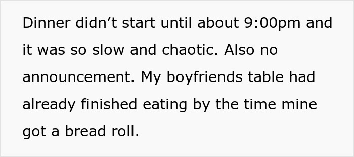 Chaotic wedding dinner described as slow and disorganized, with delayed food service and no announcements.