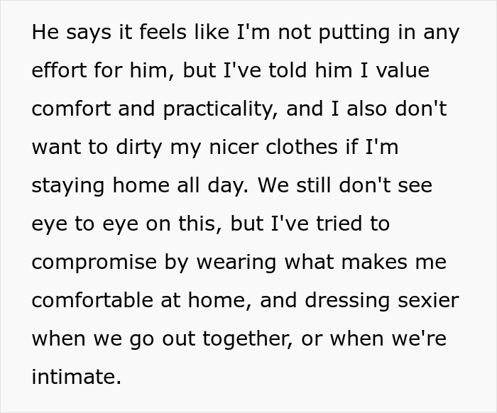 Text discussing a guy waking up his girlfriend to yell about her not wearing sexy clothes and their differing views on comfort and effort.