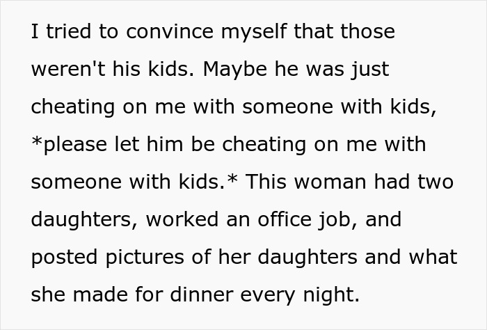 Text excerpt showing a wife&rsquo;s realization about her husband hiding a secret second family after seeing photos on his phone.