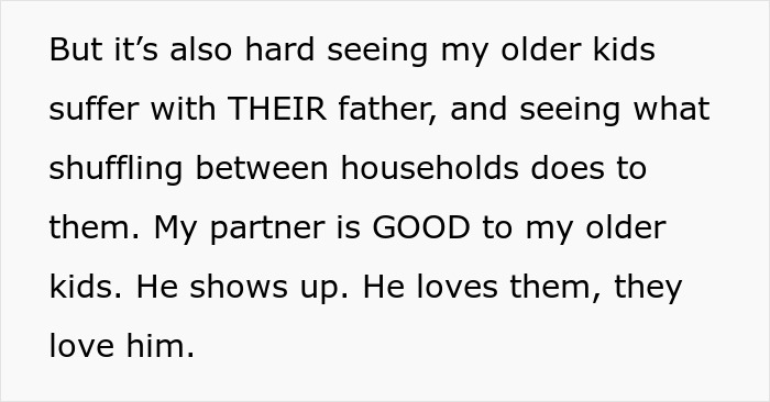Text discussing challenges with older kids suffering with their father and impact of shuffling between households on family dynamics.