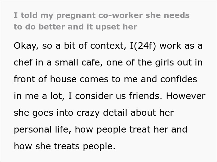 Woman giving advice to upset pregnant coworker in a small cafe setting, showing concern and support.