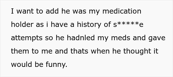 Text on a white background describing someone&rsquo;s experience with medication handling and attempts on their life.