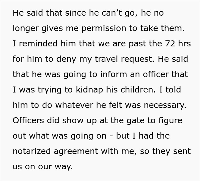 Text excerpt describing a woman handling travel permission issues with her ex and dealing with airport officers after his passport was revoked.