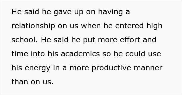 Text about son giving up on relationship with parents, focusing on years of neglect and emotional blowup.
