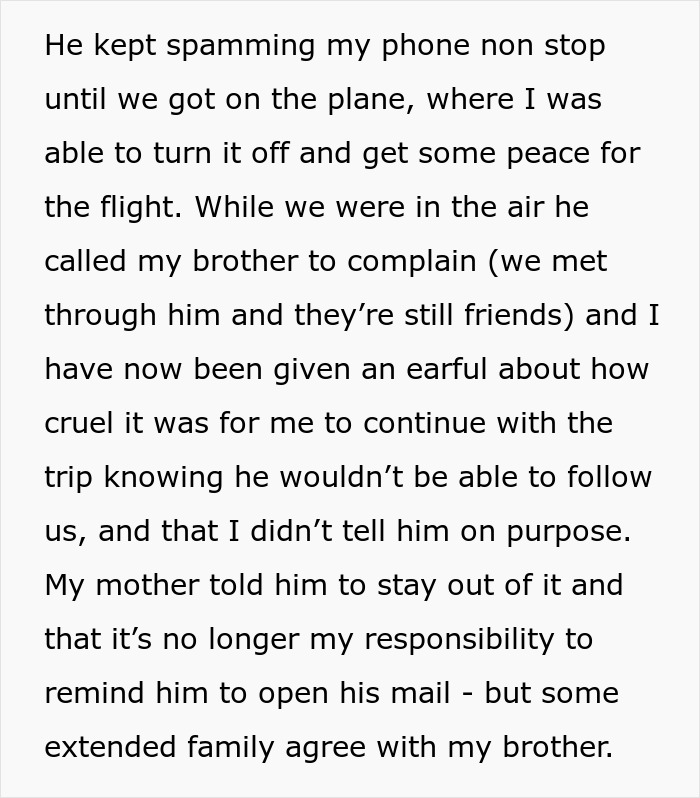 Text excerpt describing a woman who doesn&rsquo;t warn her deadbeat ex about passport revocation, stranding him at the airport.