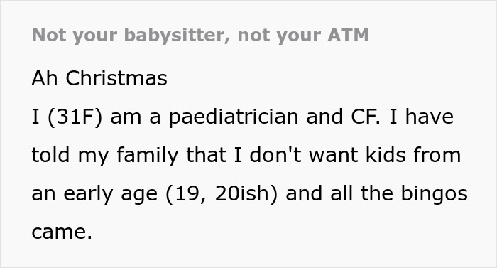 Pediatrician sets boundaries on family trip refusing to play nanny while sister-in-law reacts angrily over wine orders.