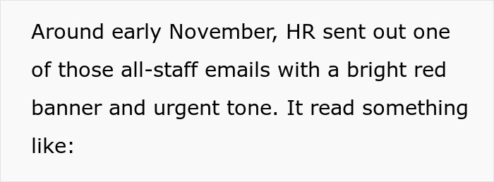 Text excerpt from an email shown on a screen, discussing urgent HR message about employee PTO usage deadline.