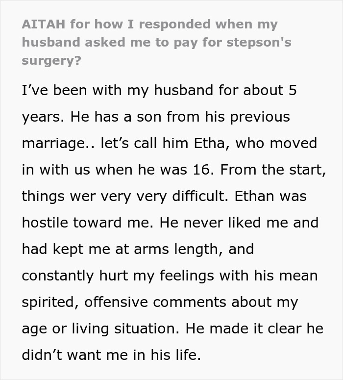 Text excerpt discussing a woman’s response to her husband asking her to pay for her stepson’s surgery. Text excerpt discussing a woman’s response to her husband asking her to pay for her stepson’s surgery.