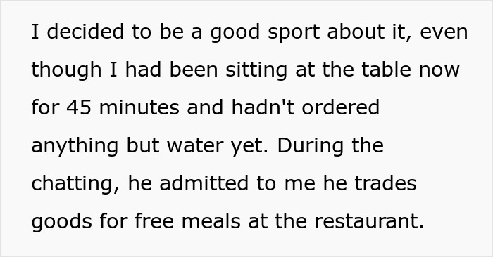 Text excerpt describing a woman’s first date where the guy trades goods for free meals at the restaurant. Text excerpt describing a woman’s first date where the guy trades goods for free meals at the restaurant.