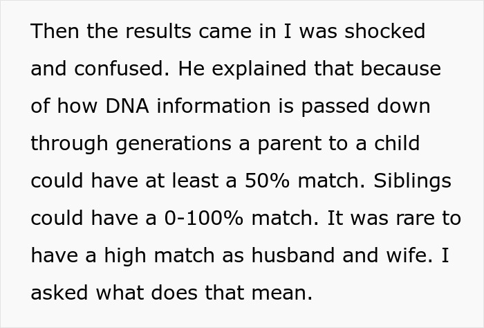 Text explaining DNA match percentages between relatives, highlighting a rare h**h kidney match in husband and wife due to close relation. Text explaining DNA match percentages between relatives, highlighting a rare h**h kidney match in husband and wife due to close relation.