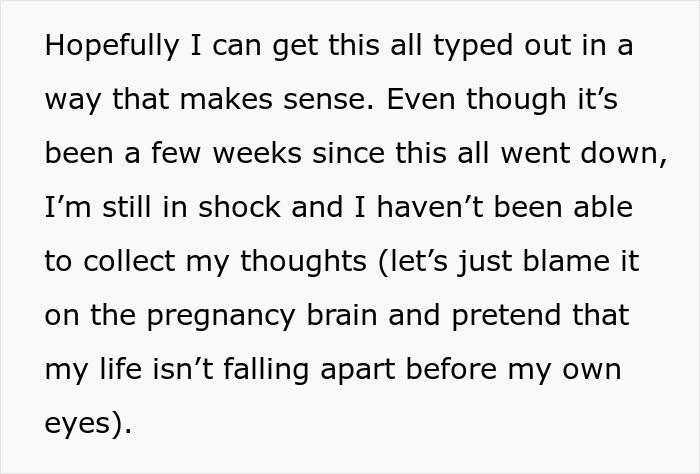 Text excerpt about pregnancy brain and shock after discovering baby gender manipulation leading to divorce filing by husband.