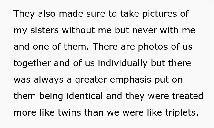 Text discussing family favoring matching triplets over the other sibling, emphasizing identity and treatment differences.