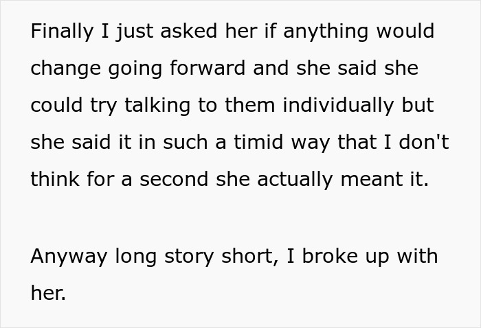Text excerpt showing a man explaining his girlfriend lies and lets her squad secretly hate him, leading to their breakup. Text excerpt showing a man explaining his girlfriend lies and lets her squad secretly hate him, leading to their breakup.