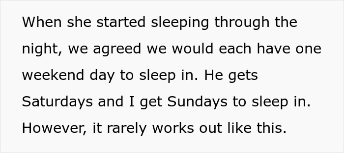 Text about husband enjoying lazy mornings while wife sacrifices sleep, highlighting one-sided Sunday deal and sleep routine challenges.