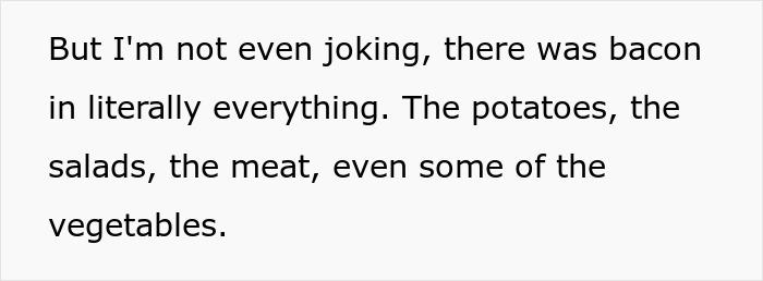 Text excerpt explaining bacon in everything, highlighting the challenge of being Jewish while family puts bacon in every dish.