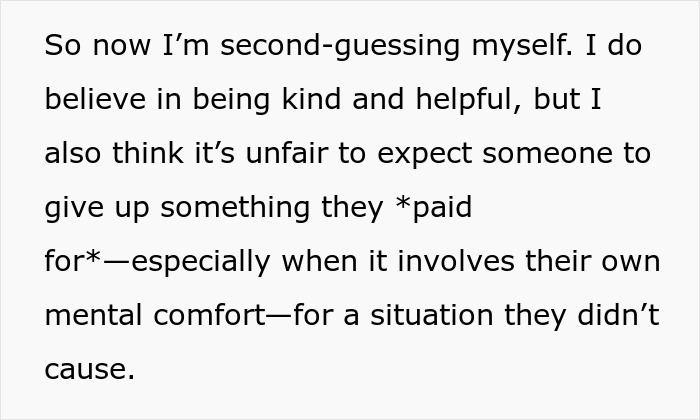 Text excerpt discussing a woman second-guessing giving up her seat on a long flight for her own mental comfort.